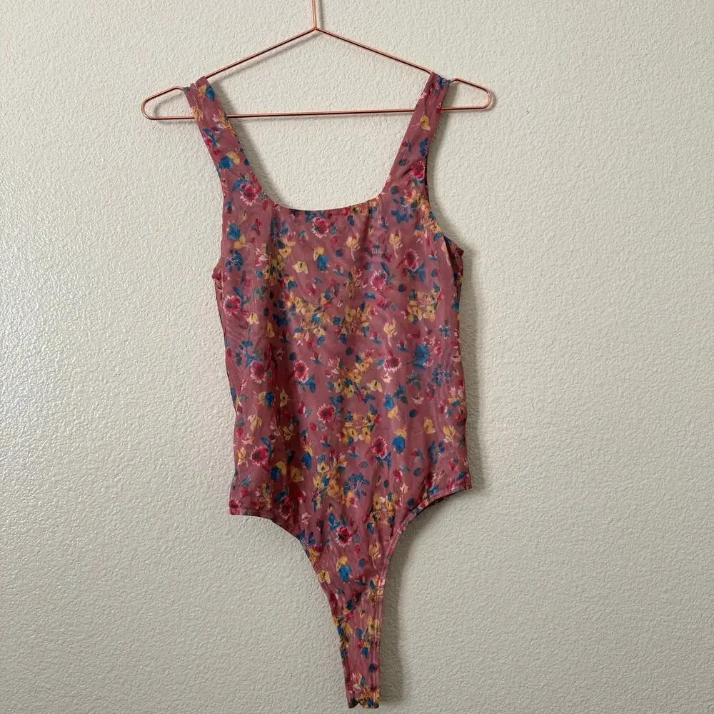 Lulus Love in the Garden Mauve Floral Print Mesh Bodysuit pink yellow blue